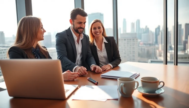 Engaging real estate consultation showcasing clients with an agent in a bright office setting.