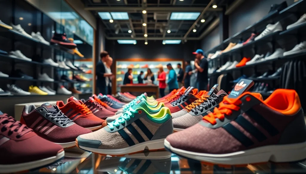 Admire the collection of sneakers at adidasfluxpascher.fr with vibrant displays and eager customers.
