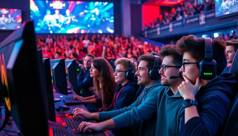 Gamers compete in an exhilarating esports tournament at https://www.gamelevate.com with vibrant LED setups and intense focus.