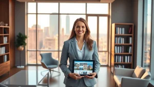 Real Estate agent engaging with clients in a professional office environment.