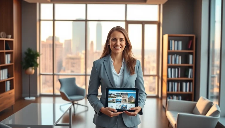 Real Estate agent engaging with clients in a professional office environment.