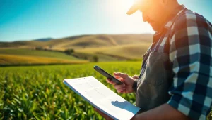 Farmer reviewing agriculture law regulations in a vibrant field of crops.