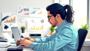 Boost SEO strategies with a professional analyzing digital metrics in a vibrant office.