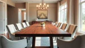 Stunning custom dining table crafted from walnut wood, showcasing elegance and warmth in a cozy setting.