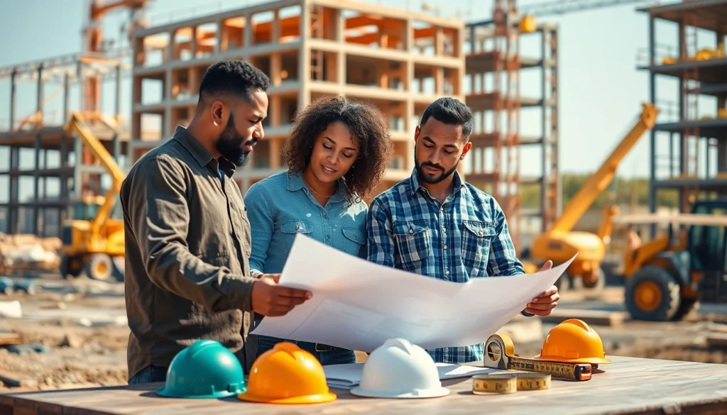 Engaged professionals in careers in construction analyzing blueprints on a job site