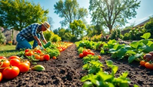 Gardening in a vibrant vegetable garden with a gardener planting colorful veggies.