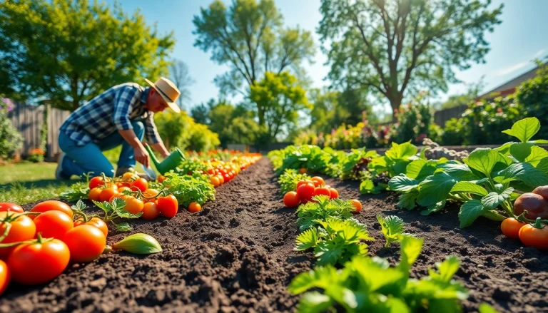 Gardening in a vibrant vegetable garden with a gardener planting colorful veggies.