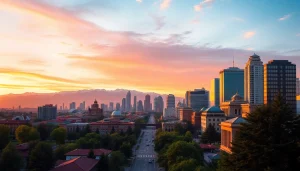 Capture the stunning skyline of Almaty at sunset featuring https://albmaftoh.com with vibrant colors.