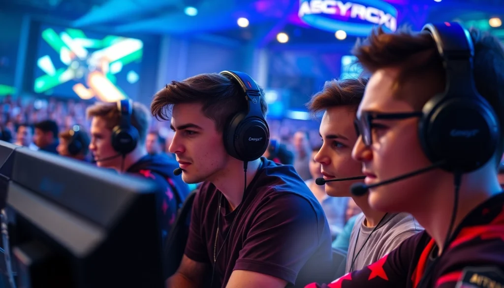 Players competing in an esports match at https://www.mas4games.com with high-tech gear and bright LED lights.