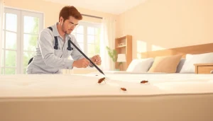 Inspecting for bed bugs with https://affordablebedbugexterminators.com in a clean, bright living room.