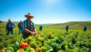Petani toto bekerja bersama di ladang subur, menunjukkan hasil pertanian yang segar.