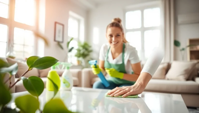Engaged cleaning service professional showcasing a pristine living room environment with eco-friendly products.