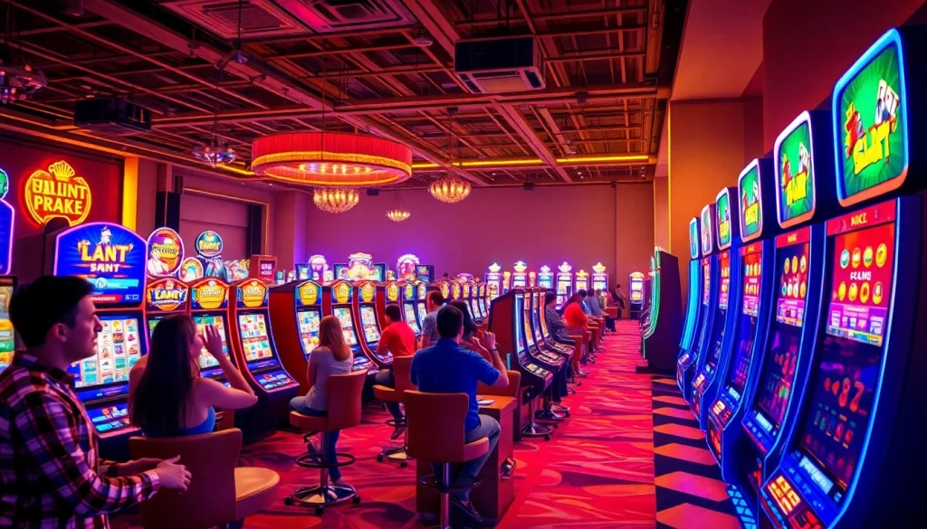 Permainan petanitoto yang mengasyikkan dengan slot machines cerah dan pemain penuh semangat.