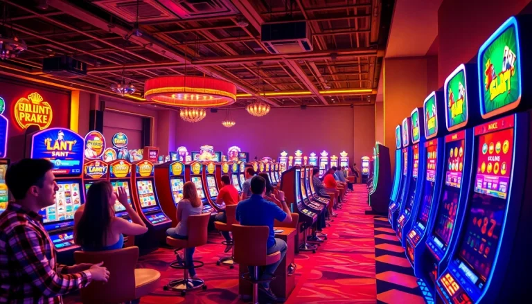 Permainan petanitoto yang mengasyikkan dengan slot machines cerah dan pemain penuh semangat.