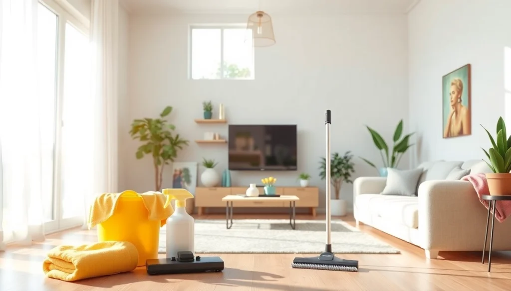 Efficient cleaning service in a pristine living room, showcasing professional grade cleaning tools and a spotless environment.