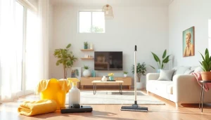 Efficient cleaning service in a pristine living room, showcasing professional grade cleaning tools and a spotless environment.