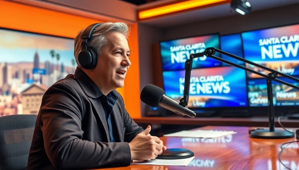 Host engagingly presenting news on hometownstation.com with vibrant background.