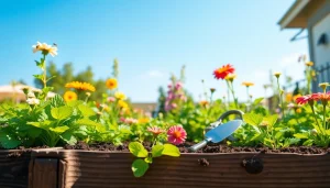 Gardening in a vibrant backyard with flourishing plants and colorful flowers.