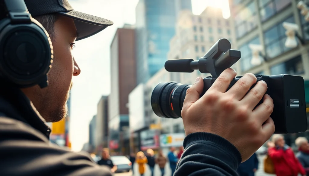 Videographer at work showcasing Video Production Company Calgary talents in an urban setting