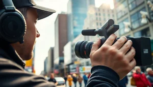 Videographer at work showcasing Video Production Company Calgary talents in an urban setting