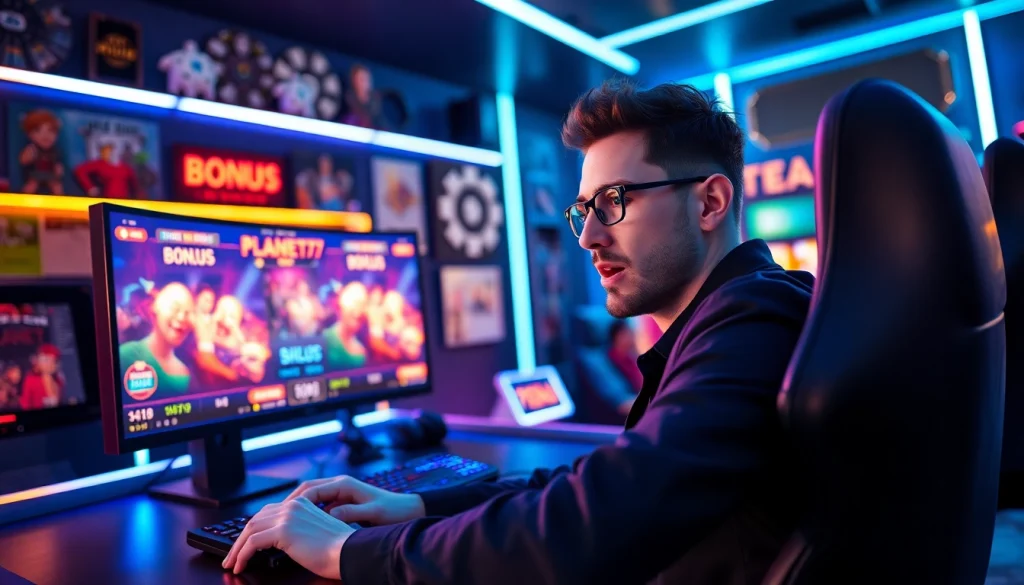 Permainan PLANET77 game yang mendebarkan dimainkan oleh seorang gamer di ruang gaming modern.