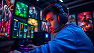 Engaged gamer at their setup, showcasing https://www.gamelevate.com in a vibrant esports environment.