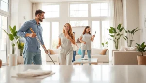 Cleaning service team professionally tidies a modern home, showcasing cleanliness and organization.