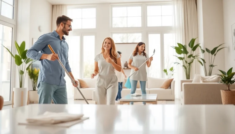 Cleaning service team professionally tidies a modern home, showcasing cleanliness and organization.