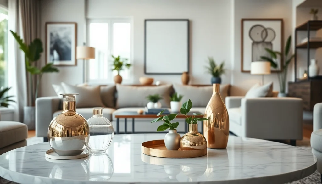 Διακοσμητικα σαλονιού σε μοντέρνο χώρο, με κομψά βάζα και πίνακες.