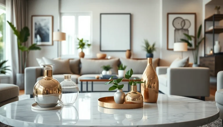 Διακοσμητικα σαλονιού σε μοντέρνο χώρο, με κομψά βάζα και πίνακες.