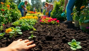 Gardening hands planting seedlings in vibrant community garden soil.