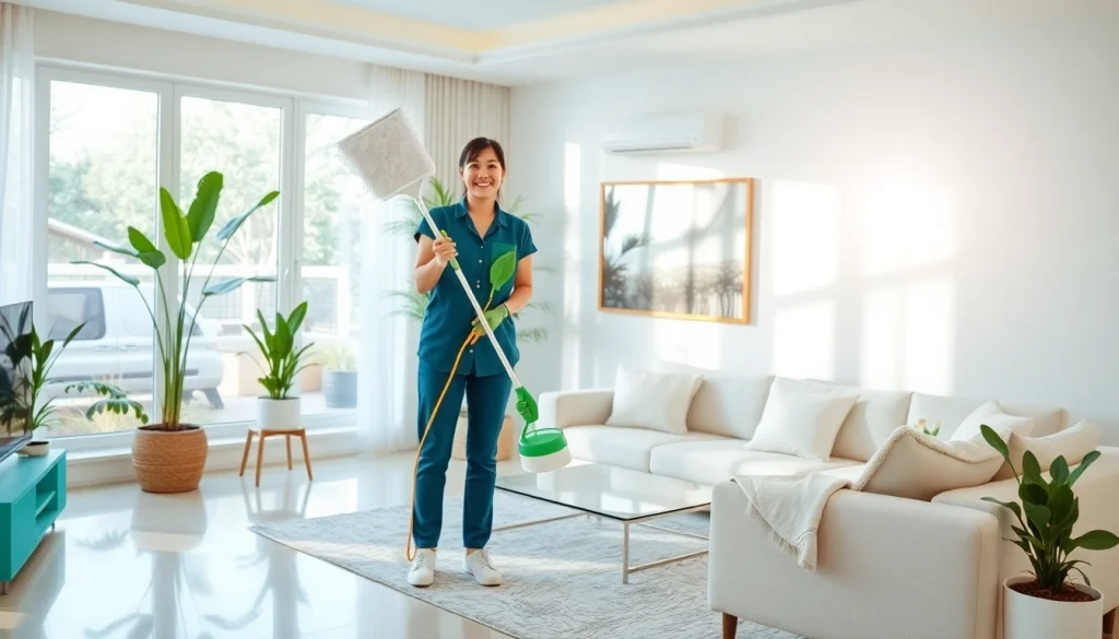 Engaging cleaning service professional bringing shine to a modern home space.