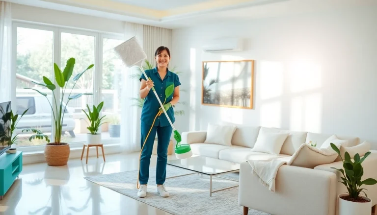 Engaging cleaning service professional bringing shine to a modern home space.