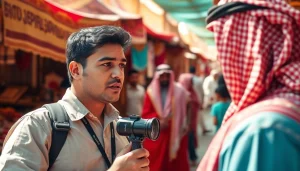 Capture of a journalist at https://saudiwadi.com conducting an interview in a colorful Saudi market.