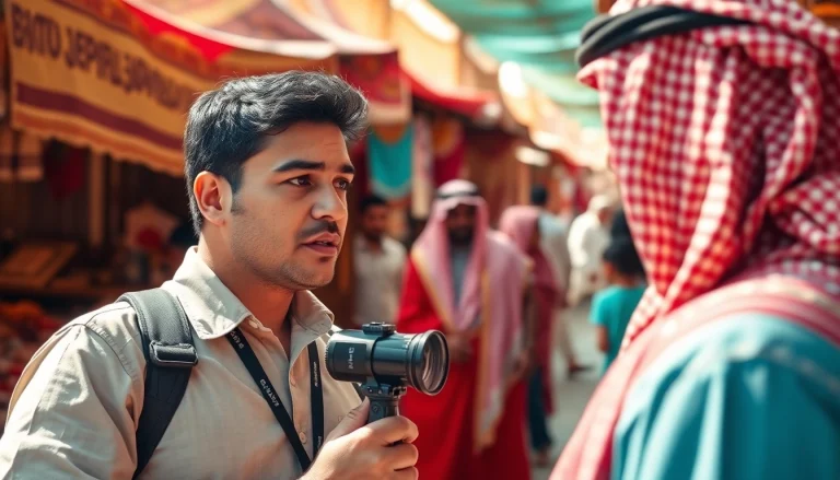 Capture of a journalist at https://saudiwadi.com conducting an interview in a colorful Saudi market.
