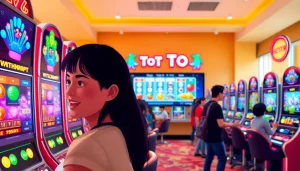 Bermain petani toto dengan slot mesin yang berwarna-warni dan pemain yang bersemangat.