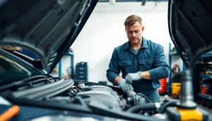 Skilled mechanic near me expertly fixing a car engine in a bright garage