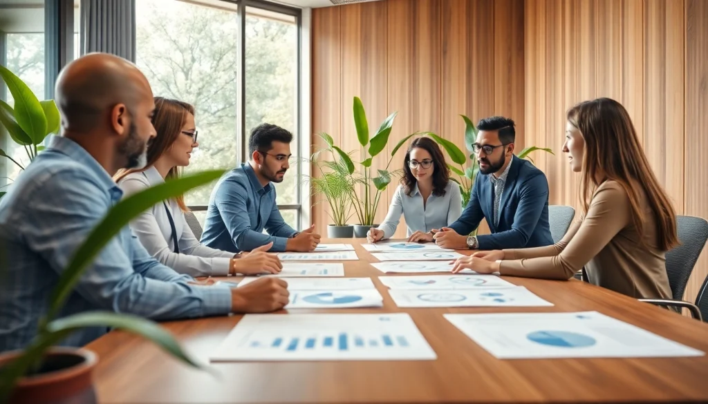 Team collaborating in a professional business setting with charts and documents.