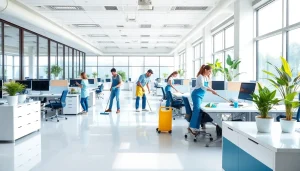 Enhance your workspace with Office Cleaning Services Dubai, showcasing a vibrant team actively cleaning.