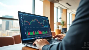 Analyze hotforex mt4 on a laptop in a modern office environment