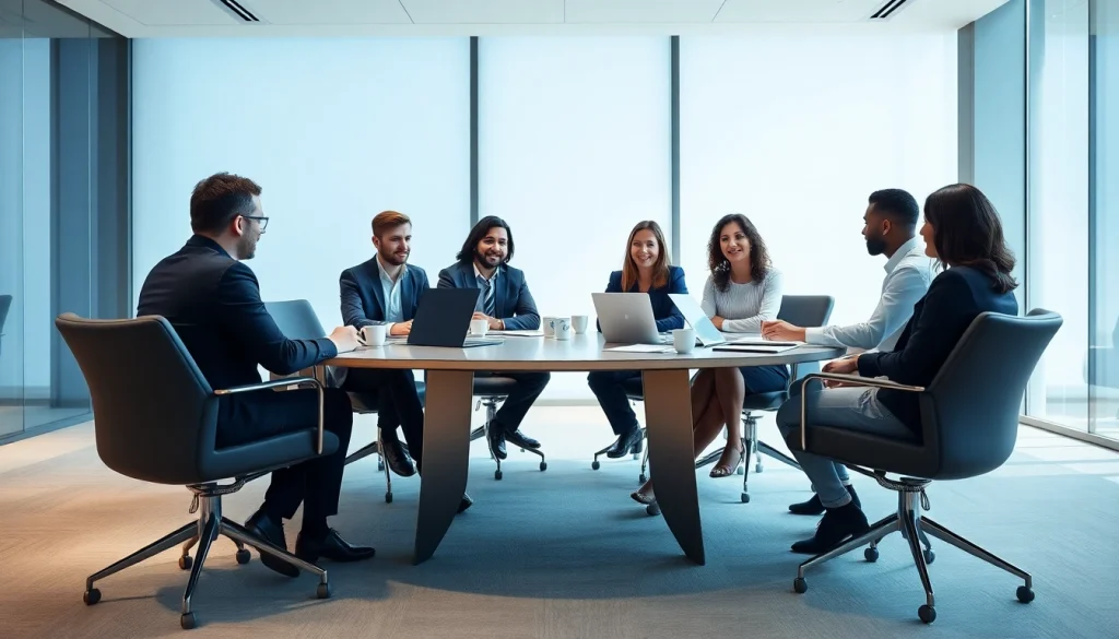 Engaged business professionals collaborating in a modern meeting room setting.