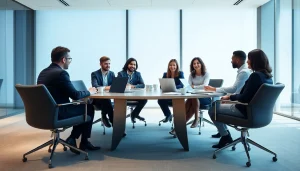 Engaged business professionals collaborating in a modern meeting room setting.