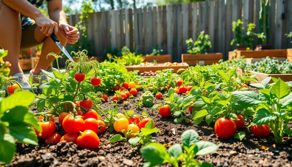 Gardening scene with vegetables and a gardener nurturing plants in a vibrant outdoor setting.