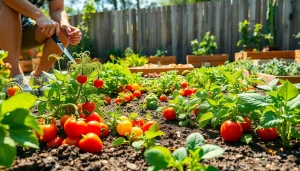 Gardening scene with vegetables and a gardener nurturing plants in a vibrant outdoor setting.