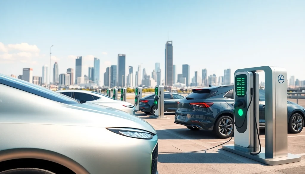 EV charging news: A bustling urban EV charging station with multiple vehicles and modern chargers.