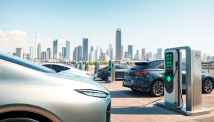 EV charging news: A bustling urban EV charging station with multiple vehicles and modern chargers.