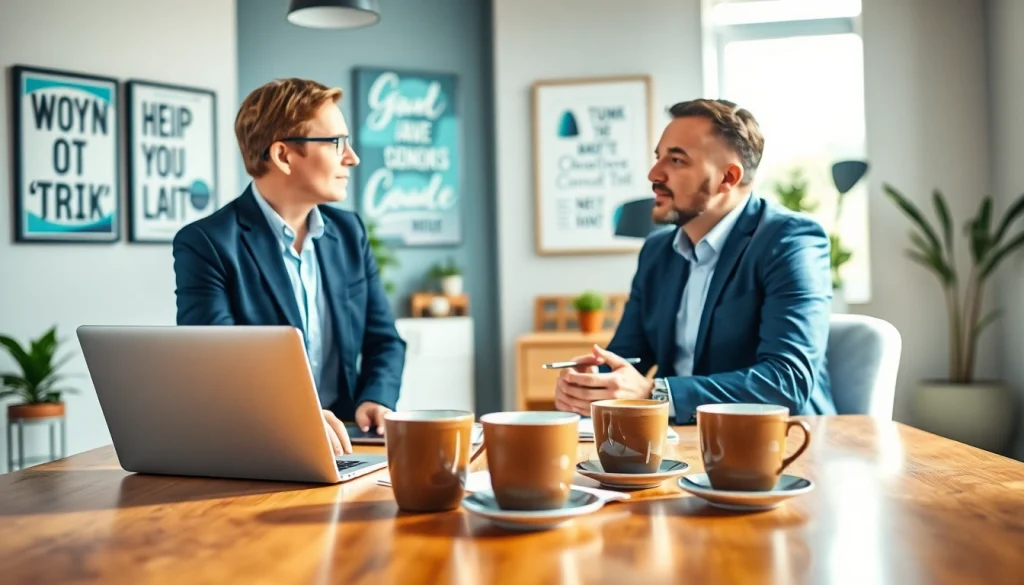 Engaging business coach near me collaborating with a client in a bright office setting.