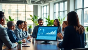 Engaging discussion among business professionals in a modern office setting.