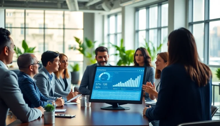 Engaging discussion among business professionals in a modern office setting.