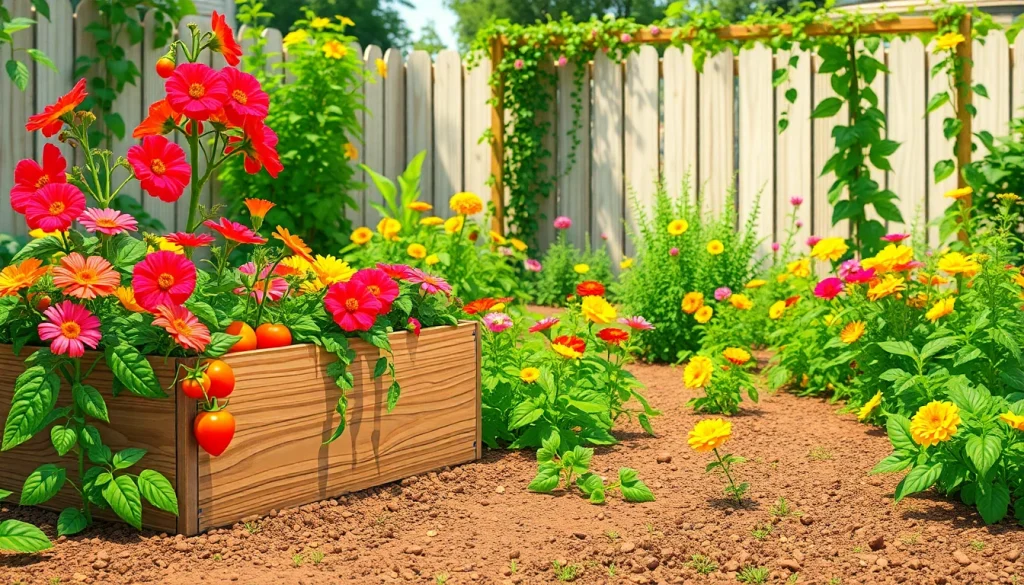 Gardening scene showcasing vibrant flowers and vegetables in a sunny backyard garden.